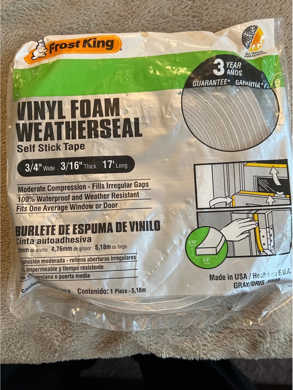 Frost King Vinyl Foam Weatherseal Self Stick Tape 3/4" Wide x 3/16" Thick x 17'